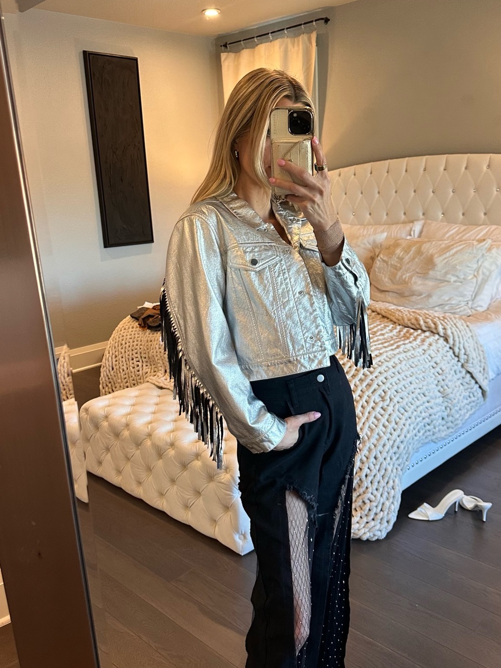 Jules Kae Talia Fringe Silver Metallic Fringe Cropped Jacket - Picture 6 of 8
